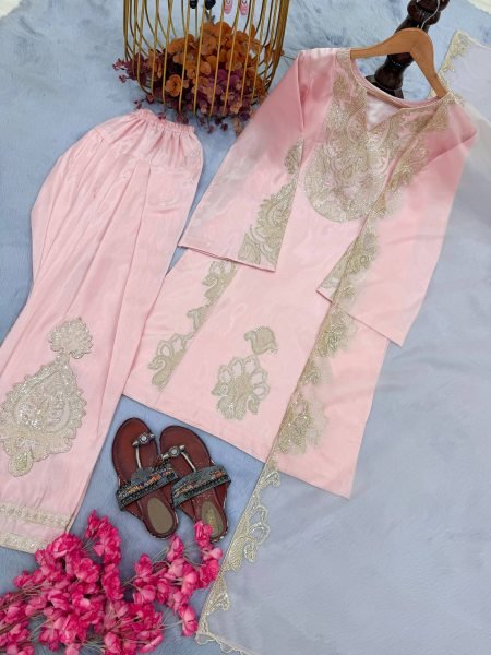 Functional Pink Designer Roman Glass Silk Top with Embroidered Farshi Palazzo Ready To Wear Collection