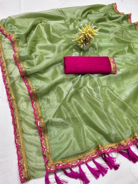 Functional Pista Fancy Twill Tissue Saree with Banglori Silk Blouse and Lace Work at Direct Mill Price 