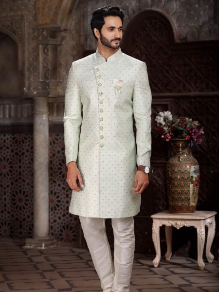Functional Pista Groom Wear Indo Western Outfit with Silk Pants 