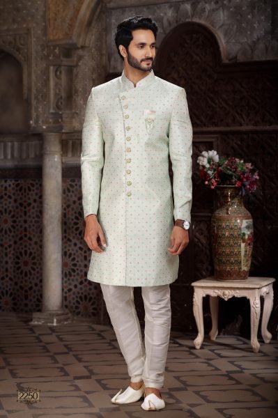 Functional Pista Groom Wear Indo Western Outfit with Silk Pants Kurta Pajama Wholesale
