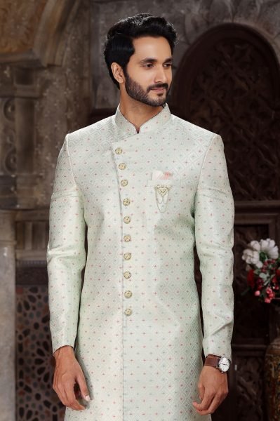 Functional Pista Groom Wear Indo Western Outfit with Silk Pants Kurta Pajama Wholesale