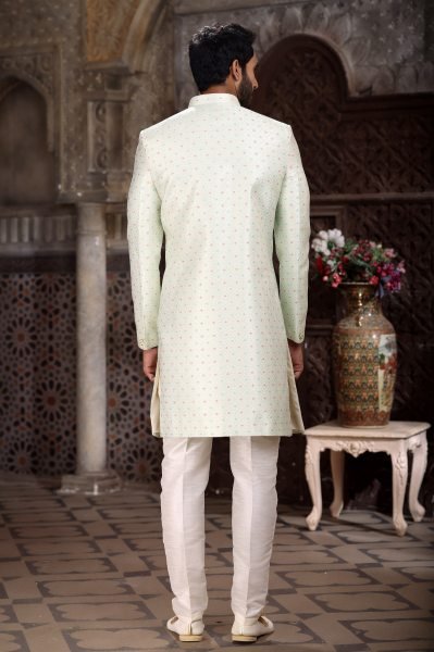 Functional Pista Groom Wear Indo Western Outfit with Silk Pants Kurta Pajama Wholesale