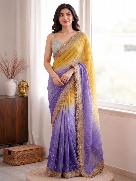 Functional Purple Yellow Space Silk Saree with Sugar Bead Work for Wedding Wholesale Sarees Suppliers in Kuwait