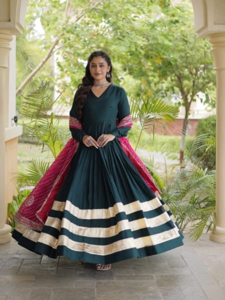 Functional Rama Designer Rayon Anarkali Gown with Gota Patti Work and Dupatta