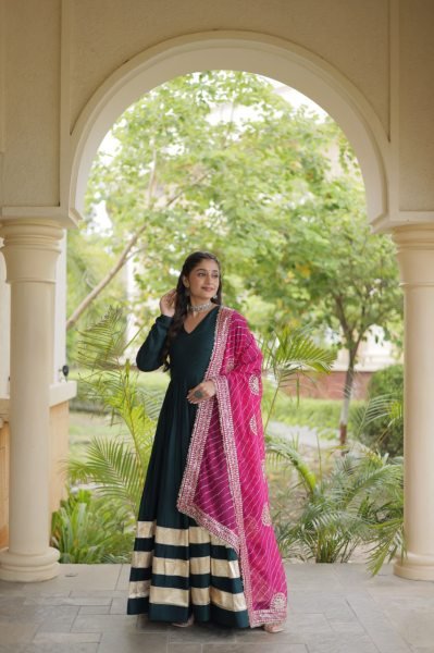 Functional Rama Designer Rayon Anarkali Gown with Gota Patti Work and Dupatta Ready To Wear Collection
