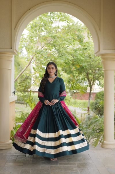 Functional Rama Designer Rayon Anarkali Gown with Gota Patti Work and Dupatta Ready To Wear Collection