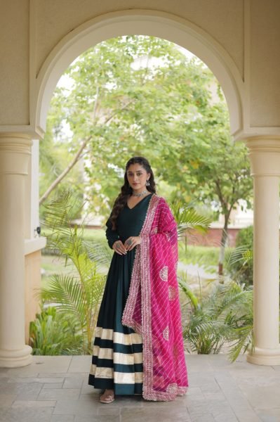 Functional Rama Designer Rayon Anarkali Gown with Gota Patti Work and Dupatta Ready To Wear Collection