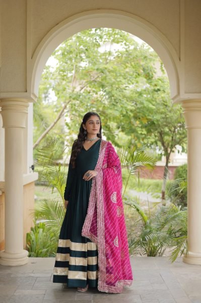 Functional Rama Designer Rayon Anarkali Gown with Gota Patti Work and Dupatta Ready To Wear Collection