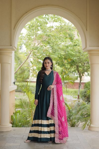 Functional Rama Designer Rayon Anarkali Gown with Gota Patti Work and Dupatta Ready To Wear Collection