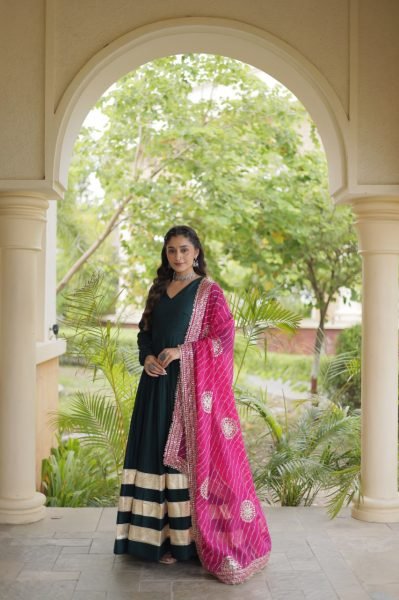 Functional Rama Designer Rayon Anarkali Gown with Gota Patti Work and Dupatta Ready To Wear Collection