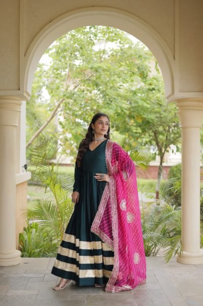 Functional Rama Designer Rayon Anarkali Gown with Gota Patti Work and Dupatta Ready To Wear Collection