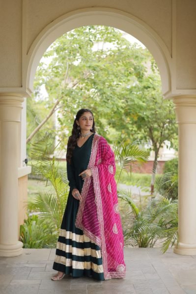 Functional Rama Designer Rayon Anarkali Gown with Gota Patti Work and Dupatta Ready To Wear Collection