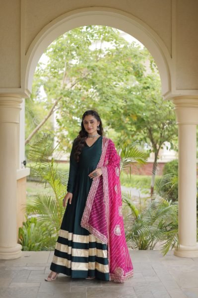 Functional Rama Designer Rayon Anarkali Gown with Gota Patti Work and Dupatta Ready To Wear Collection