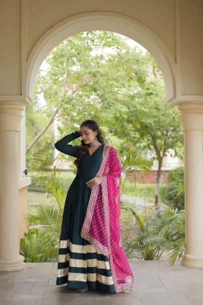 Functional Rama Designer Rayon Anarkali Gown with Gota Patti Work and Dupatta Ready To Wear Collection