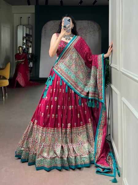 Functional Rani Pink Tasar Silk Lehenga with Ajrak Print and Mirror Work at Wholesale Rate  Lehenga