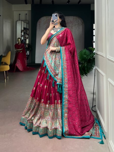 Functional Rani Pink Tasar Silk Lehenga with Ajrak Print and Mirror Work at Wholesale Rate Navratri Lehnega Choli