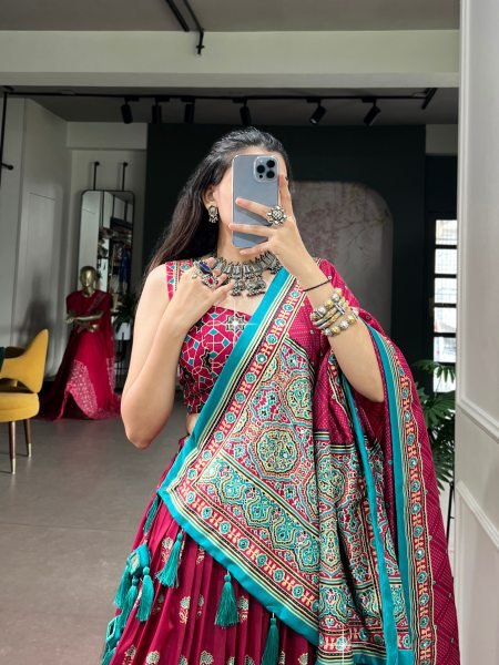 Functional Rani Pink Tasar Silk Lehenga with Ajrak Print and Mirror Work at Wholesale Rate Navratri Lehnega Choli