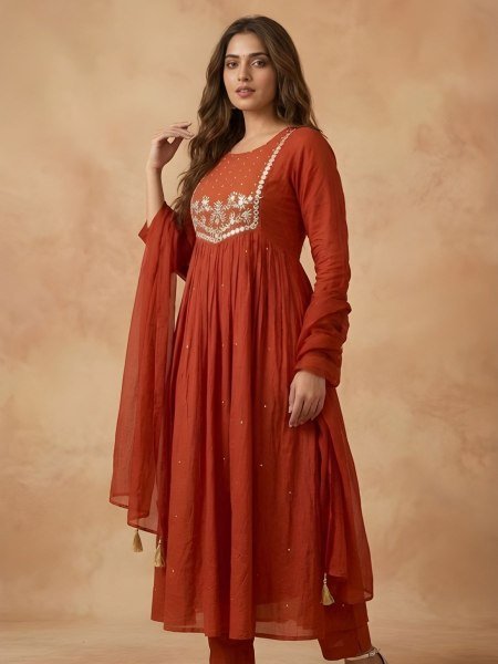 Functional Red 60 60 Cambric Cotton Embroidered Kurta Pant Set with Mul Cotton Dupatta for Women Ready to Wear Kurtis