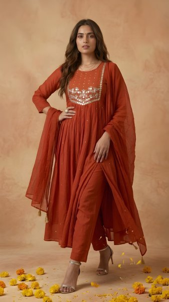 Functional Red 60 60 Cambric Cotton Embroidered Kurta Pant Set with Mul Cotton Dupatta for Women Ready to Wear Embroidery Kurtis 