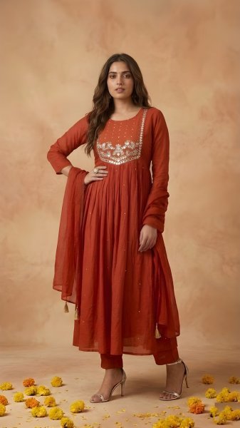 Functional Red 60 60 Cambric Cotton Embroidered Kurta Pant Set with Mul Cotton Dupatta for Women Ready to Wear Embroidery Kurtis 