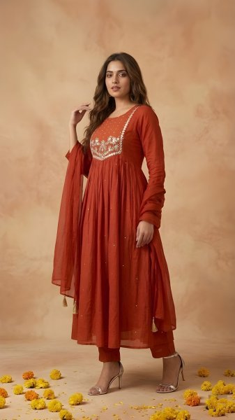 Functional Red 60 60 Cambric Cotton Embroidered Kurta Pant Set with Mul Cotton Dupatta for Women Ready to Wear Embroidery Kurtis 