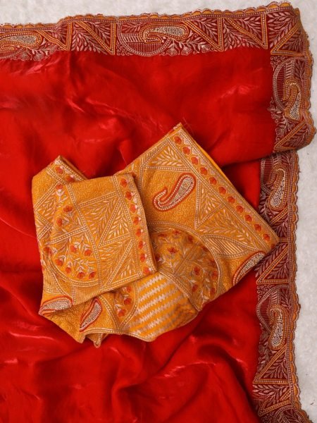 Functional Red Fendy Satin Silk Saree with Heavy Embroidered Blouse For Party 