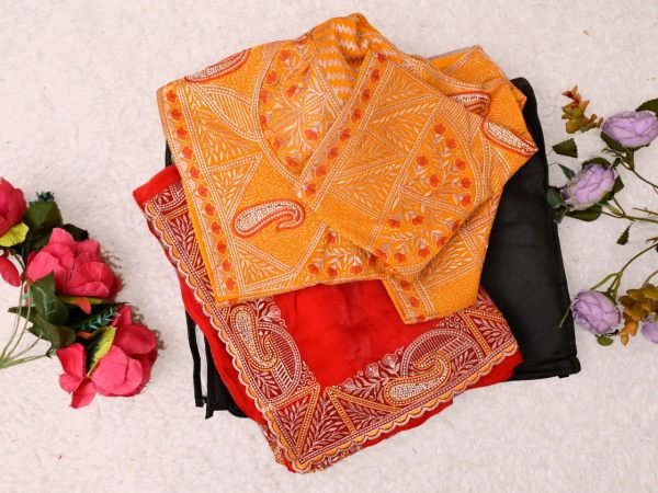 Functional Red Fendy Satin Silk Saree with Heavy Embroidered Blouse For Party Designer Wedding Sarees Wholesale