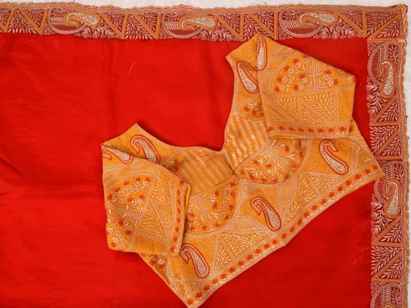 Functional Red Fendy Satin Silk Saree with Heavy Embroidered Blouse For Party Designer Wedding Sarees Wholesale