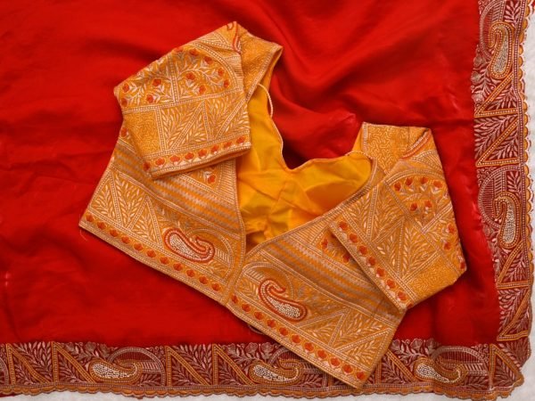 Functional Red Fendy Satin Silk Saree with Heavy Embroidered Blouse For Party Designer Wedding Sarees Wholesale