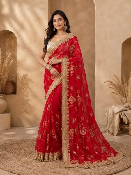 Functional Red Festival Wear Pure Fandy Satin Saree with Designer C Pallu Embroidery 