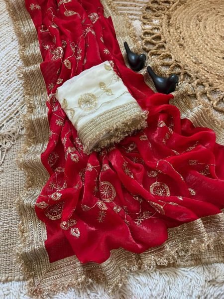 Functional Red Festival Wear Pure Fandy Satin Saree with Designer C Pallu Embroidery Embroidery Sarees Wholesale
