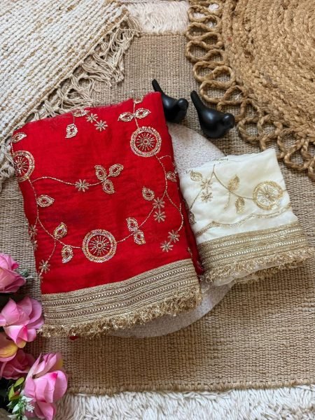 Functional Red Festival Wear Pure Fandy Satin Saree with Designer C Pallu Embroidery Embroidery Sarees Wholesale
