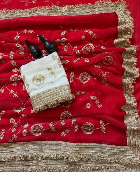 Functional Red Festival Wear Pure Fandy Satin Saree with Designer C Pallu Embroidery Embroidery Sarees Wholesale