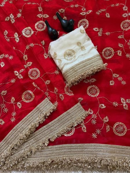 Functional Red Festival Wear Pure Fandy Satin Saree with Designer C Pallu Embroidery Embroidery Sarees Wholesale