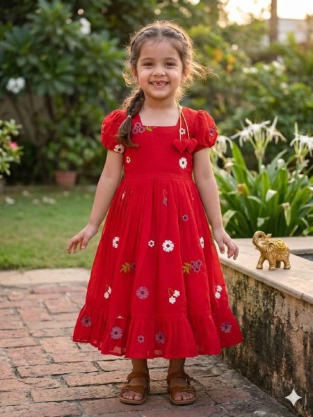 Functional Red Lightweight Kids Ethnic Gown for Daily and Festive Wear Kurtis