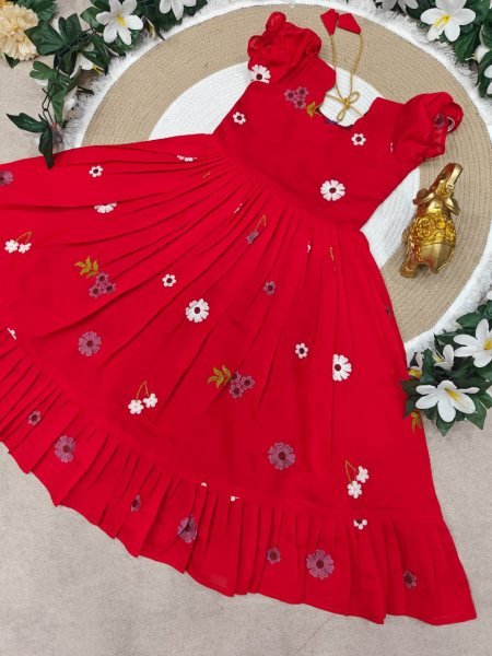 Functional Red Lightweight Kids Ethnic Gown for Daily and Festive Wear Girls Wear