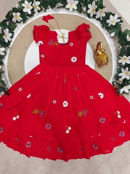 Functional Red Lightweight Kids Ethnic Gown for Daily and Festive Wear Girls Wear