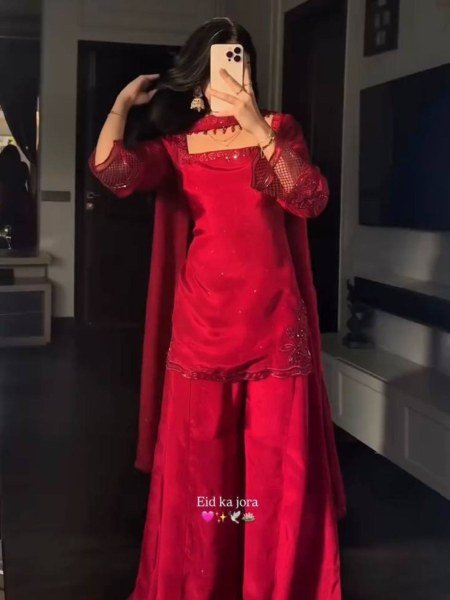 Functional Red Silk Sharara Suit with Beads and Sequins Work for Wedding Wear Ready To Wear Suit