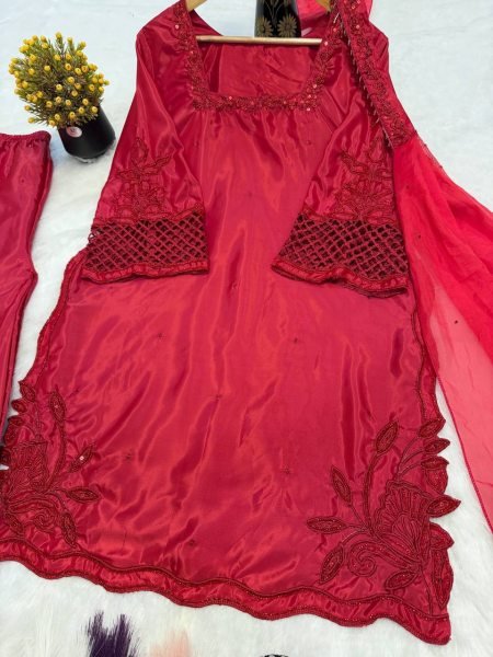 Functional Red Silk Sharara Suit with Beads and Sequins Work for Wedding Wear Ready To Wear Collection
