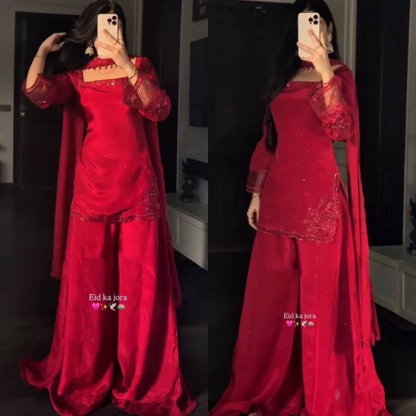 Functional Red Silk Sharara Suit with Beads and Sequins Work for Wedding Wear Ready To Wear Collection