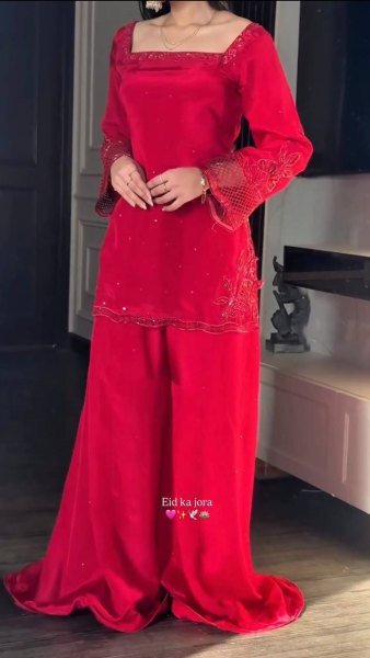 Functional Red Silk Sharara Suit with Beads and Sequins Work for Wedding Wear Ready To Wear Collection