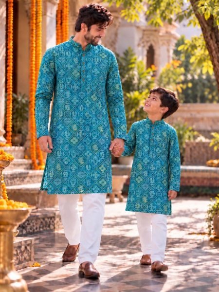 Functional Teal Blue Father Son Matching Traditional Kurta Pyjama Set 