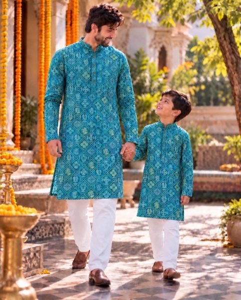 Functional Teal Blue Father Son Matching Traditional Kurta Pyjama Set Father Son Collection 