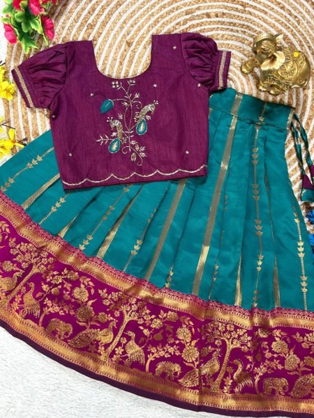 Functional Teal Blue Pure Silk Lehenga Set with Maggam Work Blouse for Festive Wear  Girls Wear
