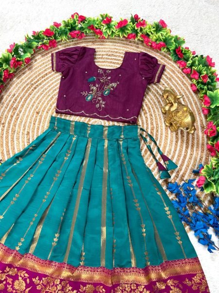 Functional Teal Blue Pure Silk Lehenga Set with Maggam Work Blouse for Festive Wear  Girls Wear