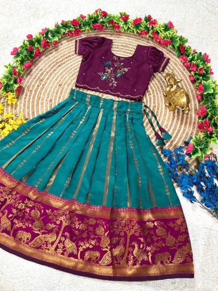 Functional Teal Blue Pure Silk Lehenga Set with Maggam Work Blouse for Festive Wear  Girls Wear