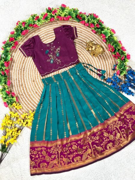 Functional Teal Blue Pure Silk Lehenga Set with Maggam Work Blouse for Festive Wear  Girls Wear
