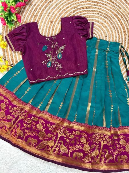 Functional Teal Blue Pure Silk Lehenga Set with Maggam Work Blouse for Festive Wear  Girls Wear