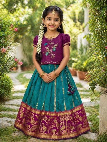 Functional Teal Blue Pure Silk Lehenga Set with Maggam Work Blouse for Festive Wear  Girls Wear