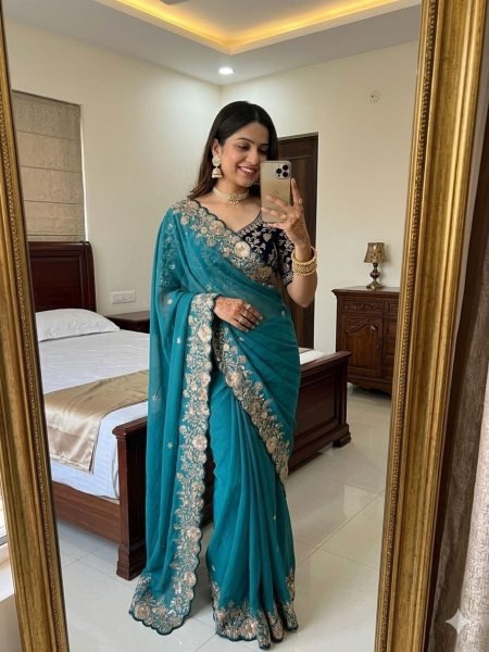 Functional Teal Blue Star Georgette Sequins Work Saree for Wedding Wear at Manufacturer Rate Sarees 